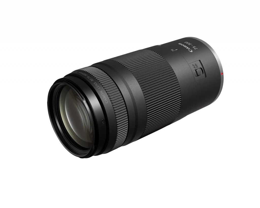 Canon RF 75-300mm F/4-5.6 telephoto zoom lens, budget-friendly option among July 2025 camera releases for Canon EOS R-series beginners shooting wildlife and sports