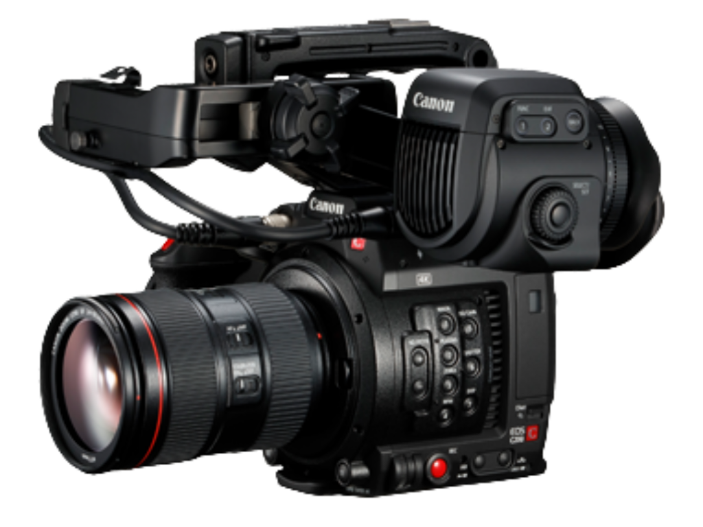 Canon C200 cinema camera with LCD monitor and top handle, positioned on a tripod, shown alongside discussion of the Canon EOS C50.