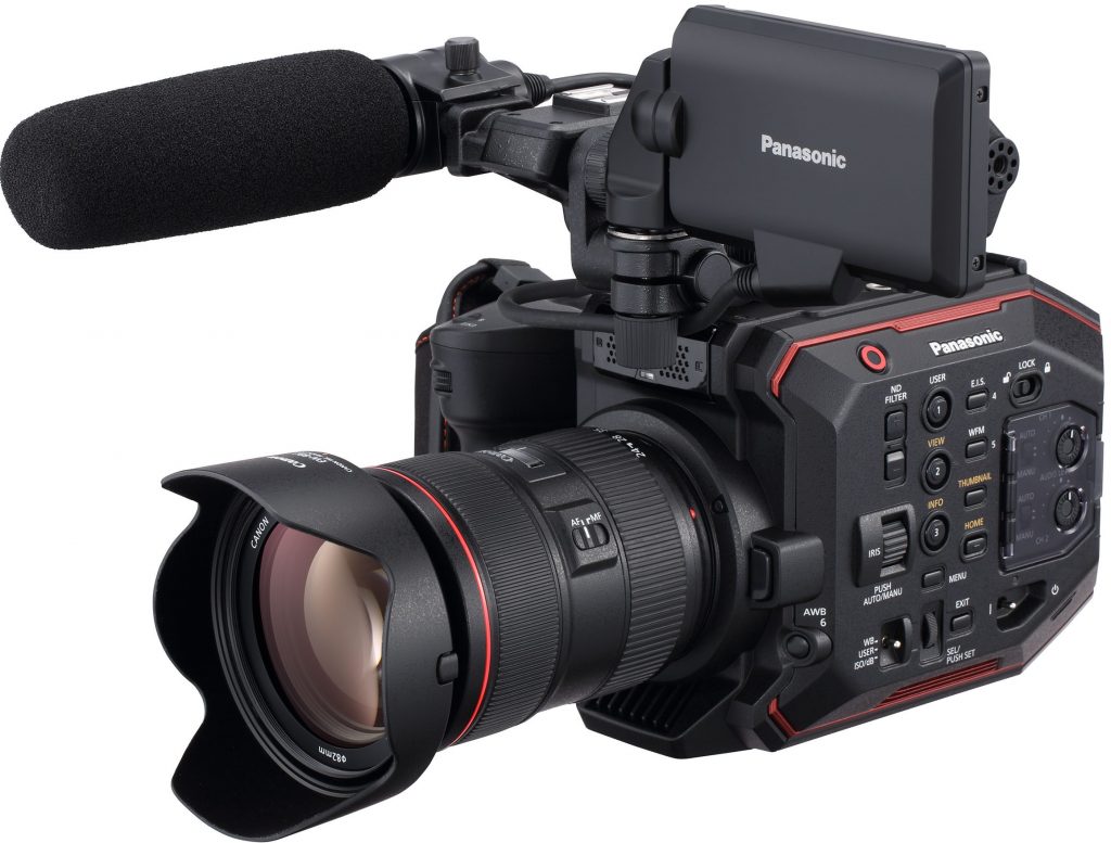 Panasonic AU-EVA1 lightweight cinema camera on tripod, among the best used cinema cameras for budget filmmakers.