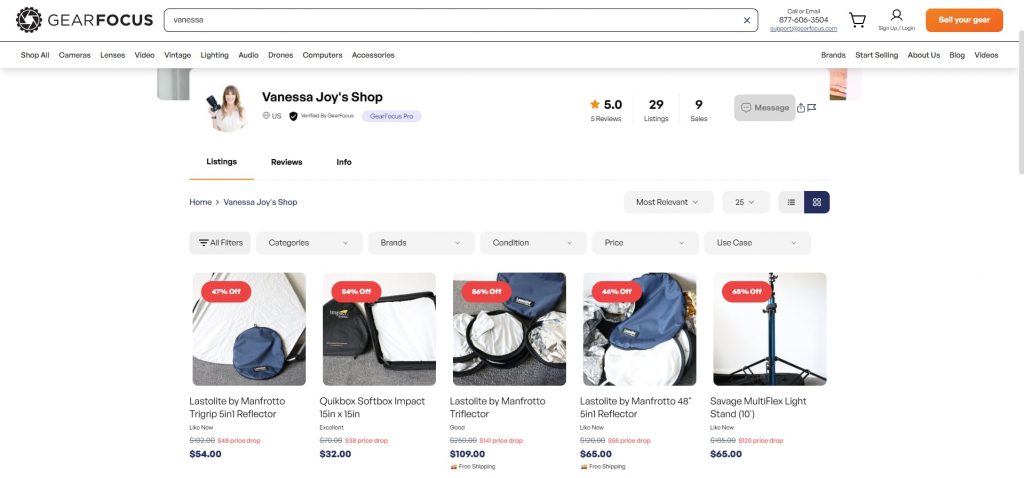 Vanessa Joy’s GearFocus shop page showing her discounted photo accessories, illustrating Why Photographers Should Be Buying and Selling Their Gear.