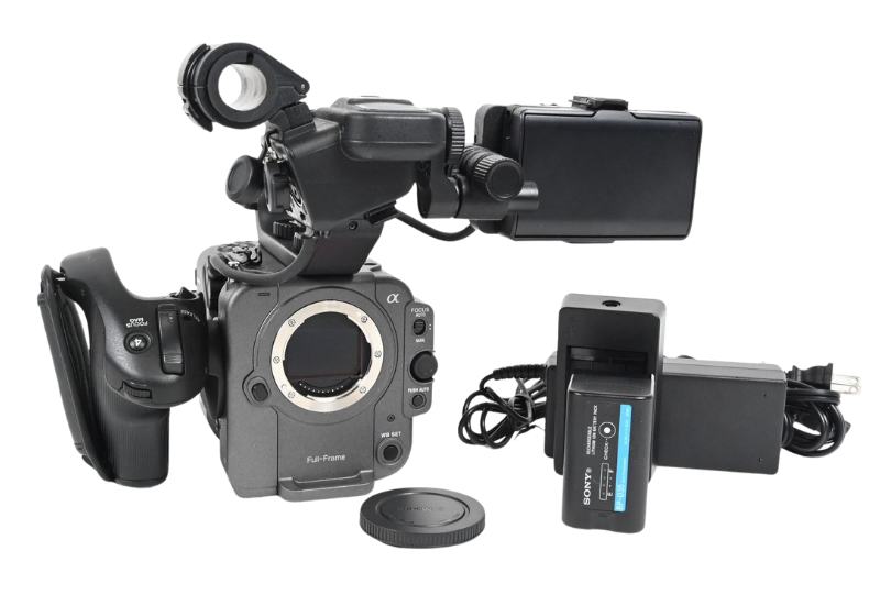 Sony full-frame cinema camera with viewfinder, monitor, grip, and battery charger — professional filmmaking for social media and independent creators