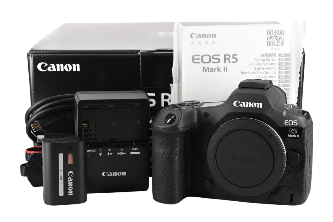Canon EOS R5 Mark II camera body with original box, battery, charger, and manual — What Your Go-To Camera Brand Says About You