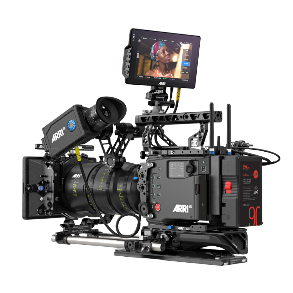 A fully rigged ARRI cinema camera with a Signature-style zoom, on-board monitor, and eyepiece.